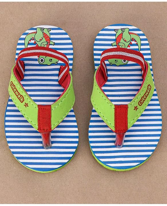 Cute Walk by Babyhug Casual Slip On Stripes Flip Flops with Dino Print - Green