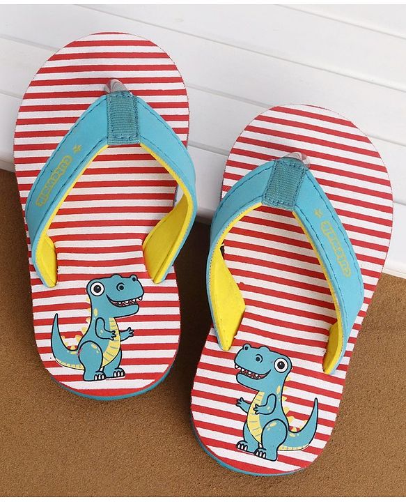 Cute Walk by Babyhug Casual Slip On Stripes Flip Flops with Dino Print - Green