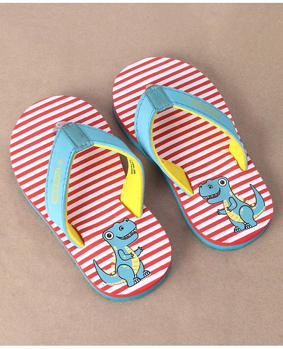 Cute Walk by Babyhug Casual Slip On Stripes Flip Flops with Dino Print - Green