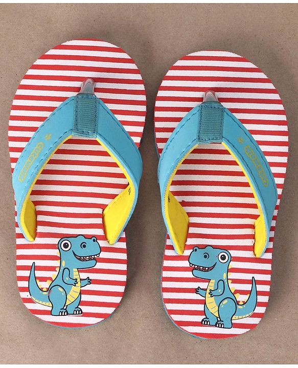 Cute Walk by Babyhug Casual Slip On Stripes Flip Flops with Dino Print - Green