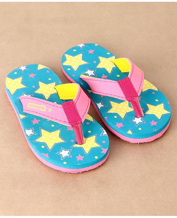 Cute Walk by Babyhug Slip On Flip Flops Stars Print- Blue & Pink