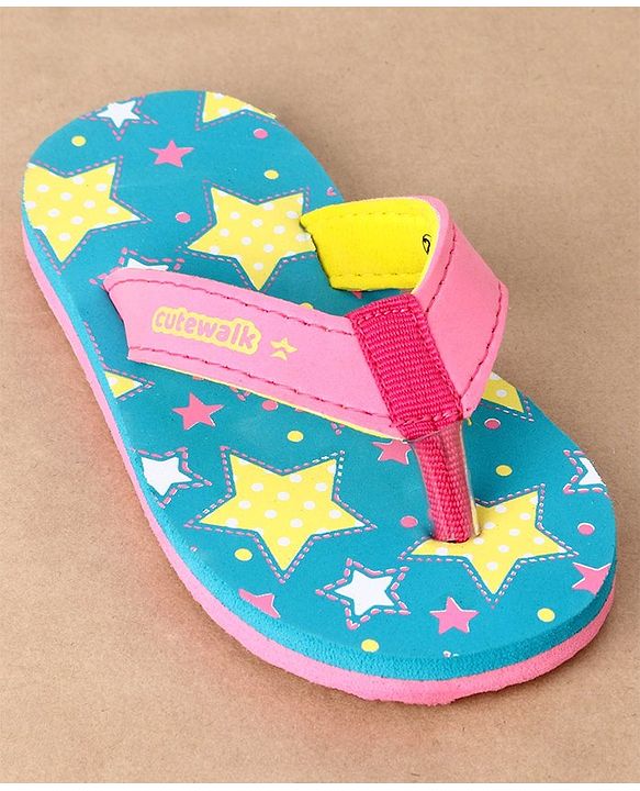 Cute Walk by Babyhug Slip On Flip Flops Stars Print- Blue & Pink