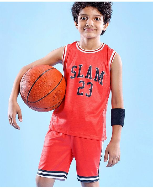 Pine Active Knitted Sleeveless Basketball T-Shirt & Shorts Set Text Print - Red