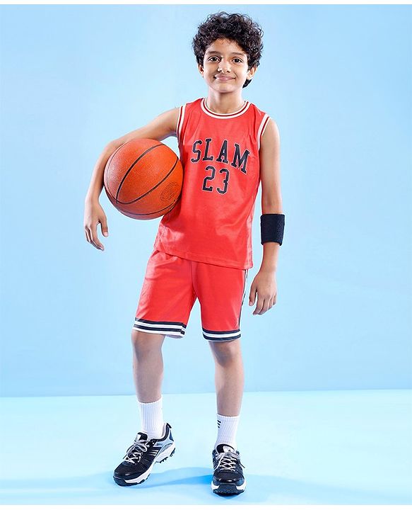 Pine Active Knitted Sleeveless Basketball T-Shirt & Shorts Set Text Print - Red