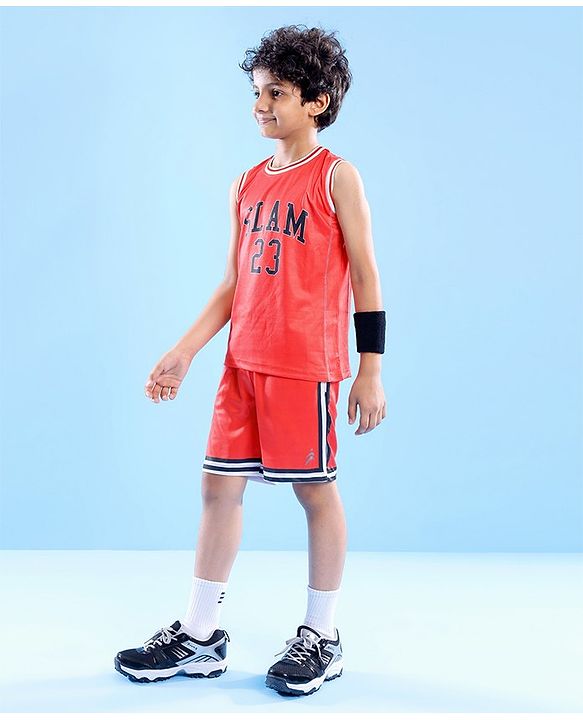 Pine Active Knitted Sleeveless Basketball T-Shirt & Shorts Set Text Print - Red