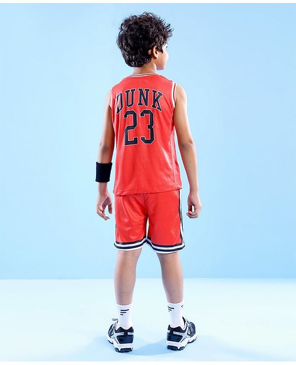 Pine Active Knitted Sleeveless Basketball T-Shirt & Shorts Set Text Print - Red