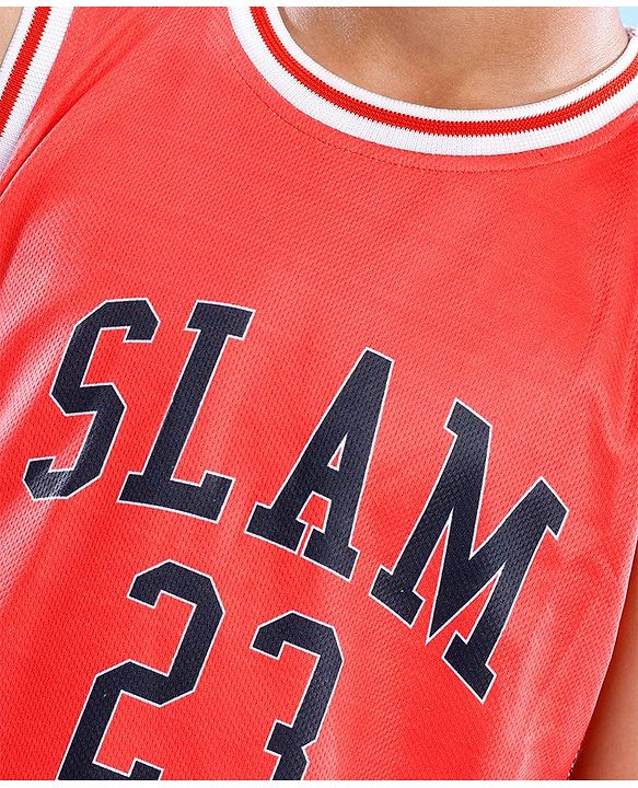 Pine Active Knitted Sleeveless Basketball T-Shirt & Shorts Set Text Print - Red