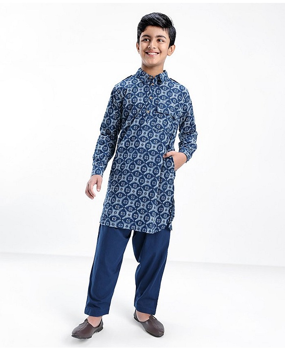 Pine Kids Cotton Full Sleeves Printed Pathani Kurta Pyjama Set- Navy Blue