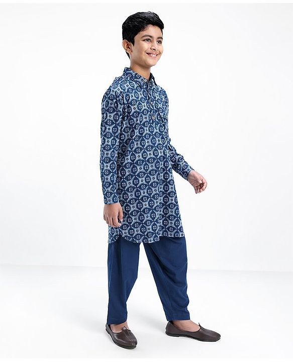 Pine Kids Cotton Full Sleeves Printed Pathani Kurta Pyjama Set- Navy Blue