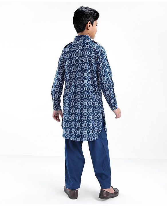 Pine Kids Cotton Full Sleeves Printed Pathani Kurta Pyjama Set- Navy Blue