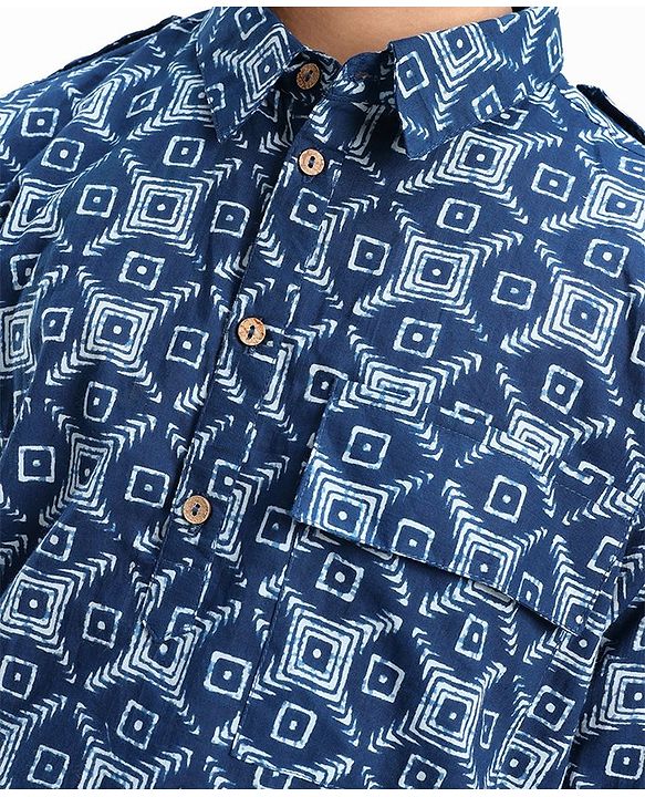 Pine Kids Cotton Full Sleeves Printed Pathani Kurta Pyjama Set- Navy Blue