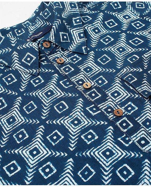 Pine Kids Cotton Full Sleeves Printed Pathani Kurta Pyjama Set- Navy Blue