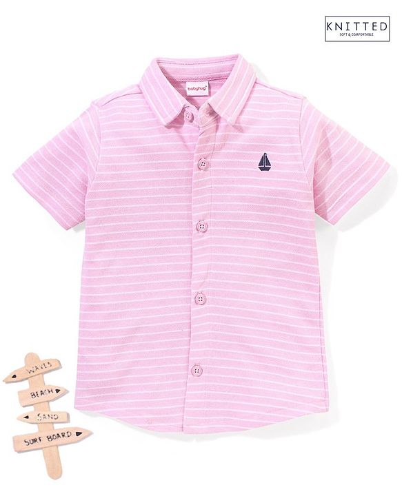 Babyhug 100% Cotton Half Sleeves Knitted Pique Striped Shirt - Light Pink