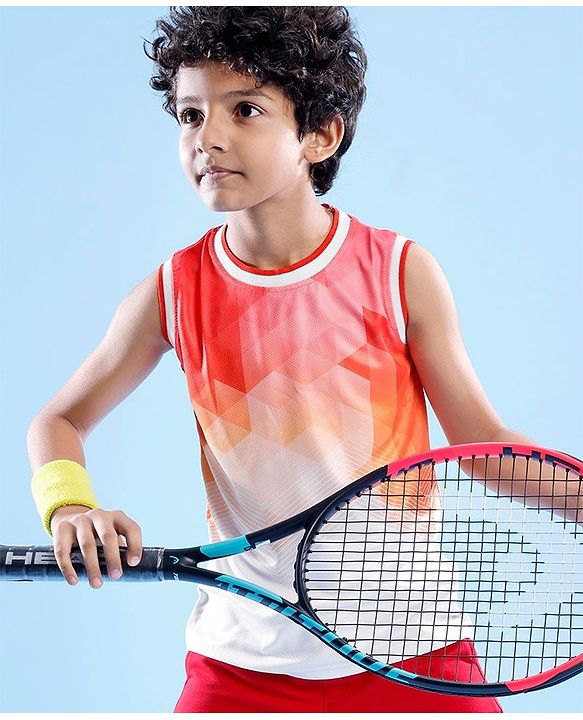 Pine Active Knitted Sleeveless Basketball T-Shirt Geometric Print - Orange & White