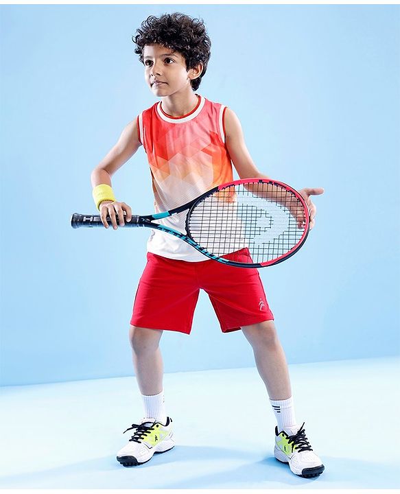Pine Active Knitted Sleeveless Basketball T-Shirt Geometric Print - Orange & White