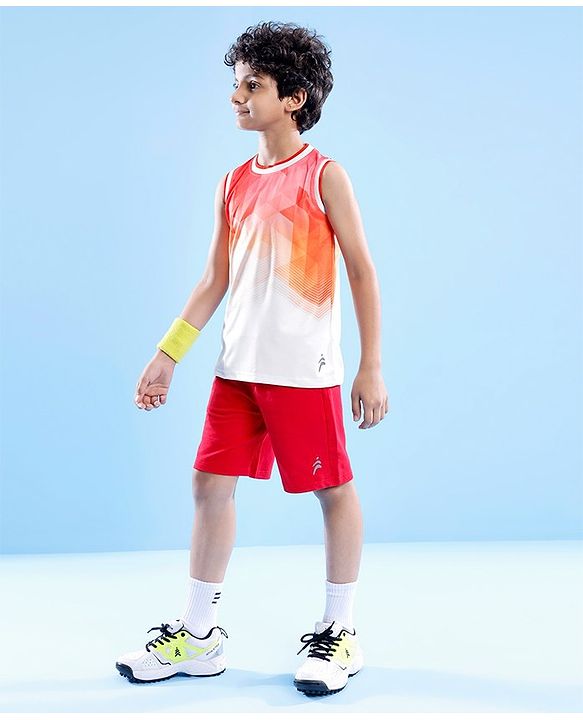 Pine Active Knitted Sleeveless Basketball T-Shirt Geometric Print - Orange & White