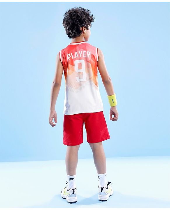 Pine Active Knitted Sleeveless Basketball T-Shirt Geometric Print - Orange & White