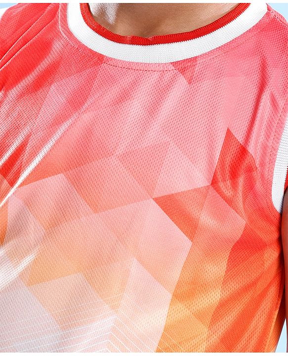 Pine Active Knitted Sleeveless Basketball T-Shirt Geometric Print - Orange & White