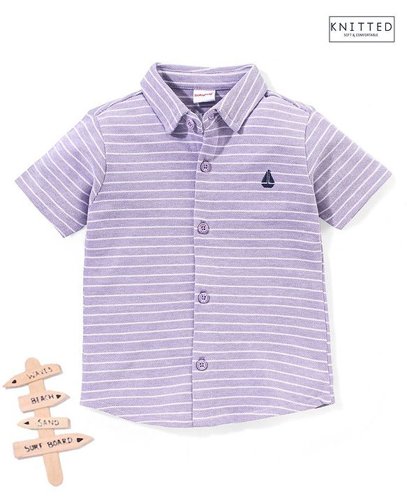 Babyhug 100% Cotton Half Sleeves Knitted Pique Striped Shirt - Lilac