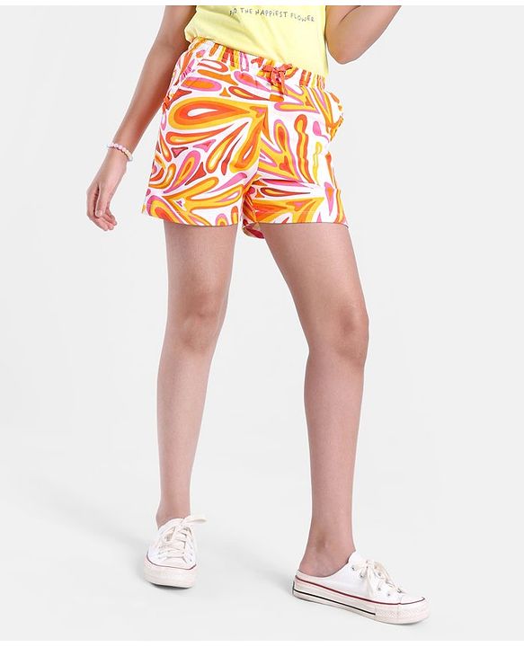 Pine Kids Cotton Knit Mid Thigh Length Abstract Printed Shorts - Orange