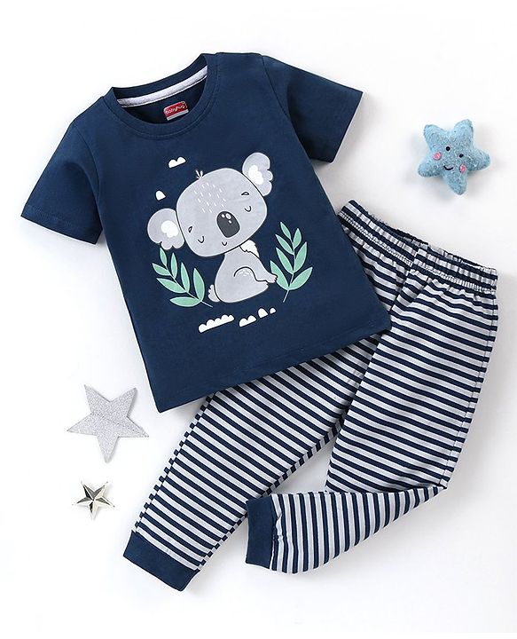 Babyhug Cotton Knit Half Sleeves Night Suit  Koala Print With Stripes -  Navy Blue