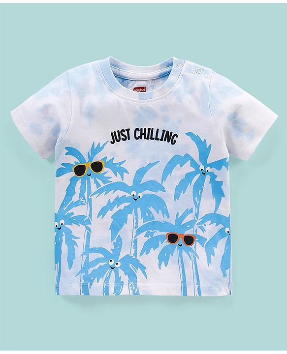 Babyhug Cotton Knit Half Sleeves Tee Palm Tree Print - White & Blue