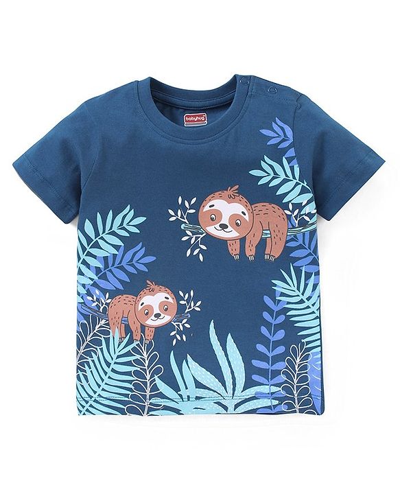 Babyhug Cotton Half Sleeves T-Shirt Sloth Print- Navy Blue