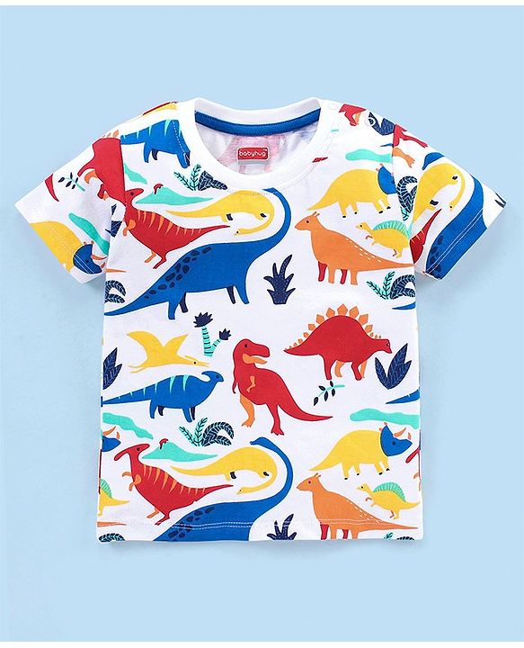 Babyhug Cotton Knit Half Sleeves Night Suit Dino Print - White