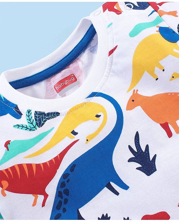 Babyhug Cotton Knit Half Sleeves Night Suit Dino Print - White