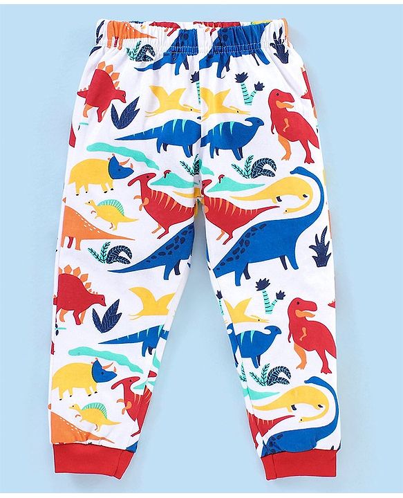Babyhug Cotton Knit Half Sleeves Night Suit Dino Print - White