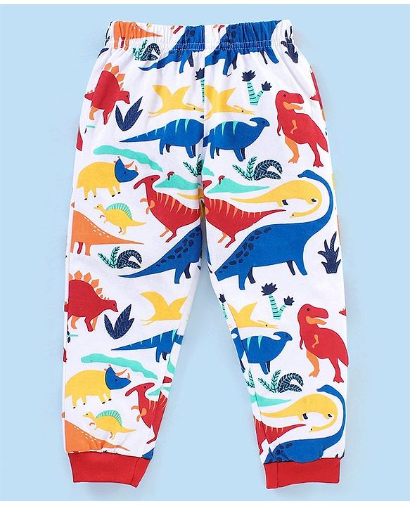 Babyhug Cotton Knit Half Sleeves Night Suit Dino Print - White