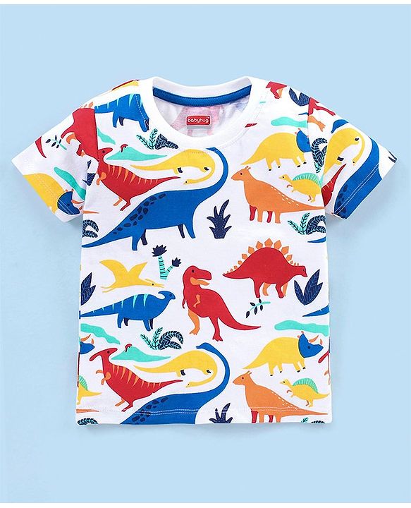 Babyhug Cotton Knit Half Sleeves Night Suit Dino Print - White