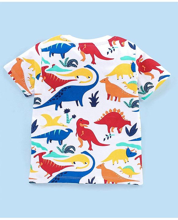 Babyhug Cotton Knit Half Sleeves Night Suit Dino Print - White