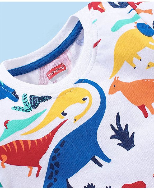 Babyhug Cotton Knit Half Sleeves Night Suit Dino Print - White
