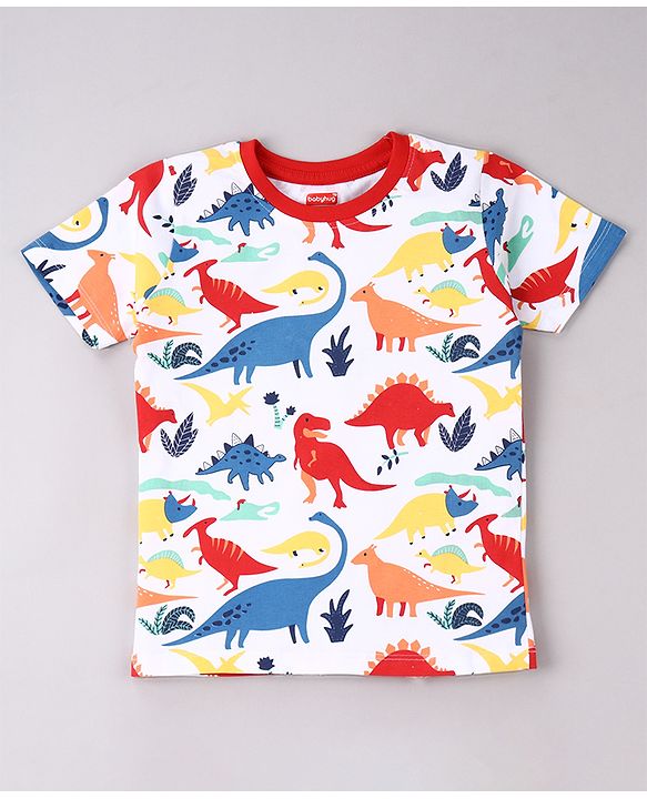 Babyhug Cotton Knit Half Sleeves Night Suit Dino Print - White