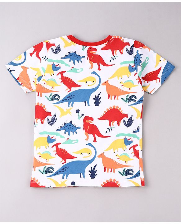 Babyhug Cotton Knit Half Sleeves Night Suit Dino Print - White