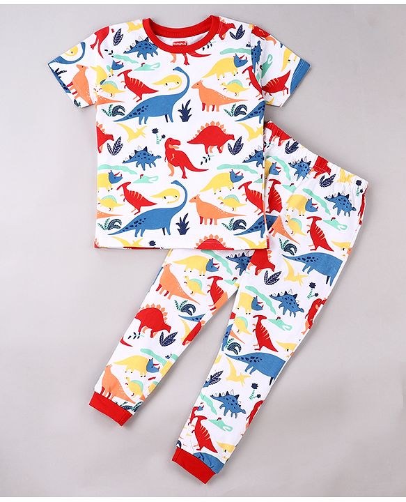 Babyhug Cotton Knit Half Sleeves Night Suit Dino Print - White