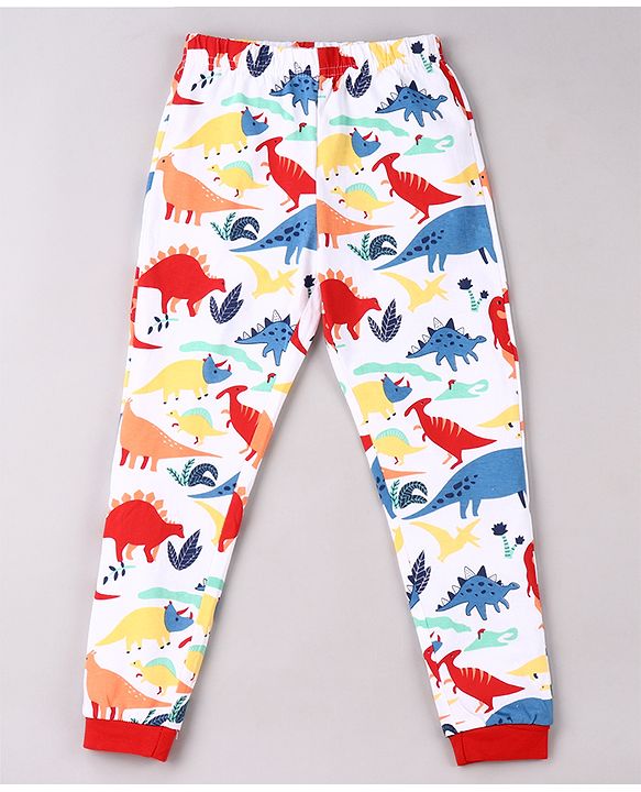 Babyhug Cotton Knit Half Sleeves Night Suit Dino Print - White