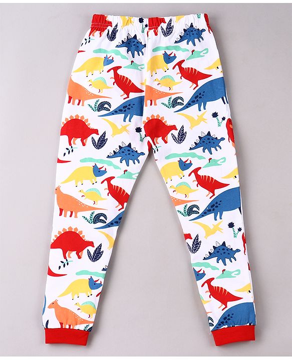 Babyhug Cotton Knit Half Sleeves Night Suit Dino Print - White
