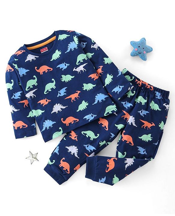 Babyhug Cotton Knit Full Sleeves Night Suit Dino Print - Navy Blue