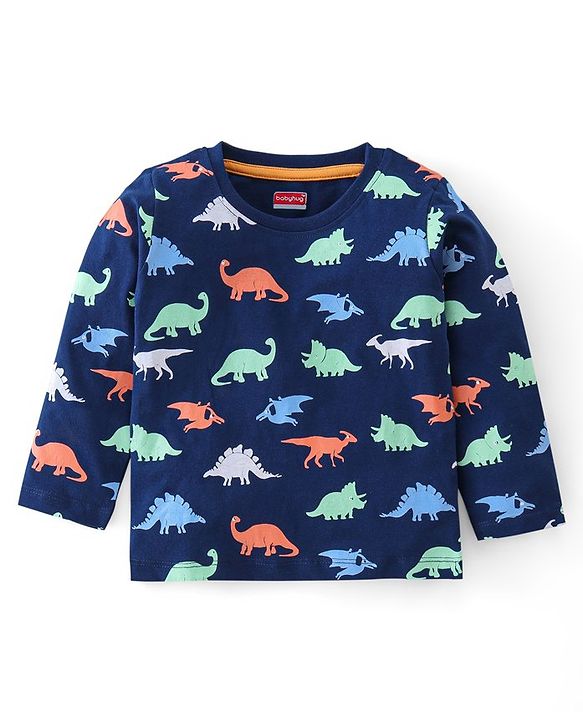 Babyhug Cotton Knit Full Sleeves Night Suit Dino Print - Navy Blue