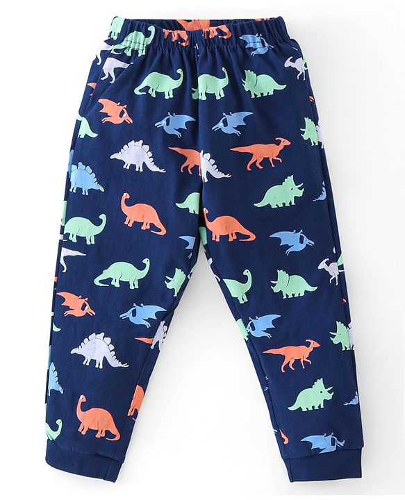Babyhug Cotton Knit Full Sleeves Night Suit Dino Print - Navy Blue