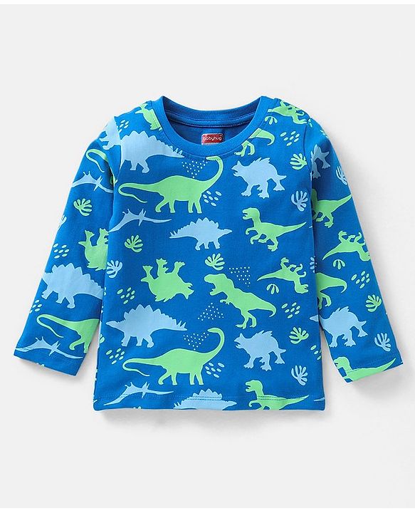 Babyhug Cotton Knit Full Sleeves Dino Print Night Suit - Blue