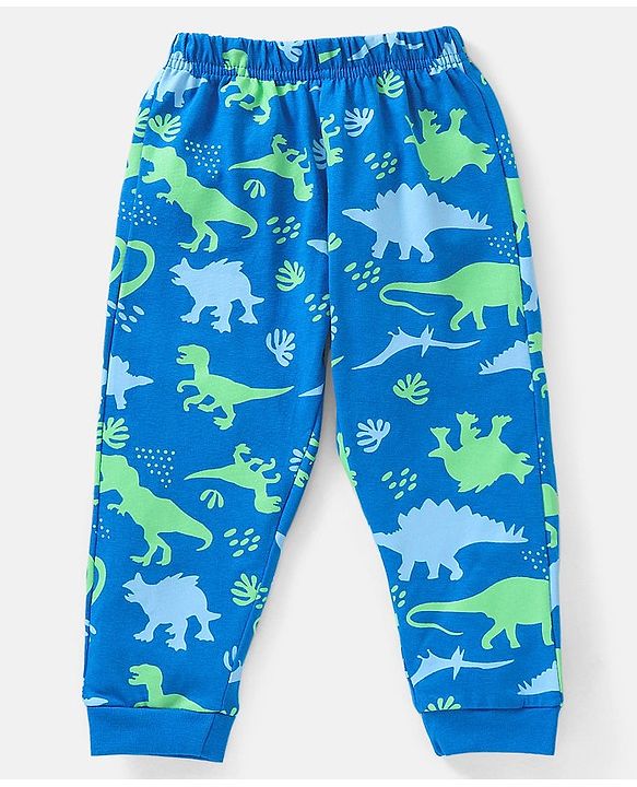 Babyhug Cotton Knit Full Sleeves Dino Print Night Suit - Blue