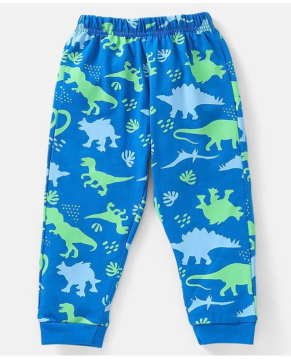 Babyhug Cotton Knit Full Sleeves Dino Print Night Suit - Blue