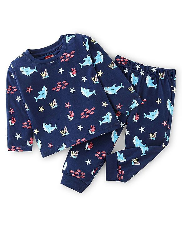 Babyhug Cotton Knit Full Sleeves Sea World Print Night Suit - Navy Blue