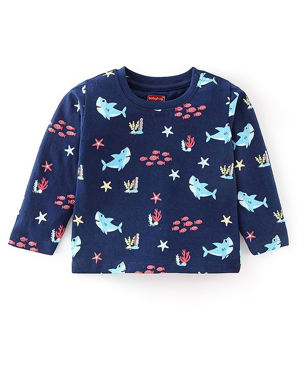 Babyhug Cotton Knit Full Sleeves Sea World Print Night Suit - Navy Blue