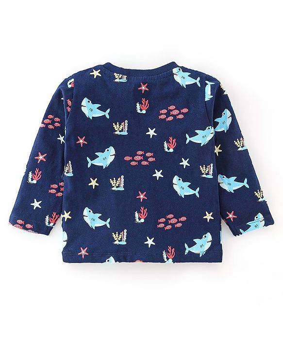 Babyhug Cotton Knit Full Sleeves Sea World Print Night Suit - Navy Blue