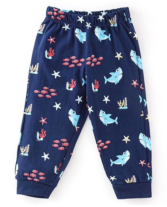 Babyhug Cotton Knit Full Sleeves Sea World Print Night Suit - Navy Blue