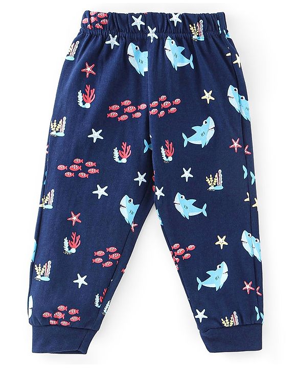 Babyhug Cotton Knit Full Sleeves Sea World Print Night Suit - Navy Blue